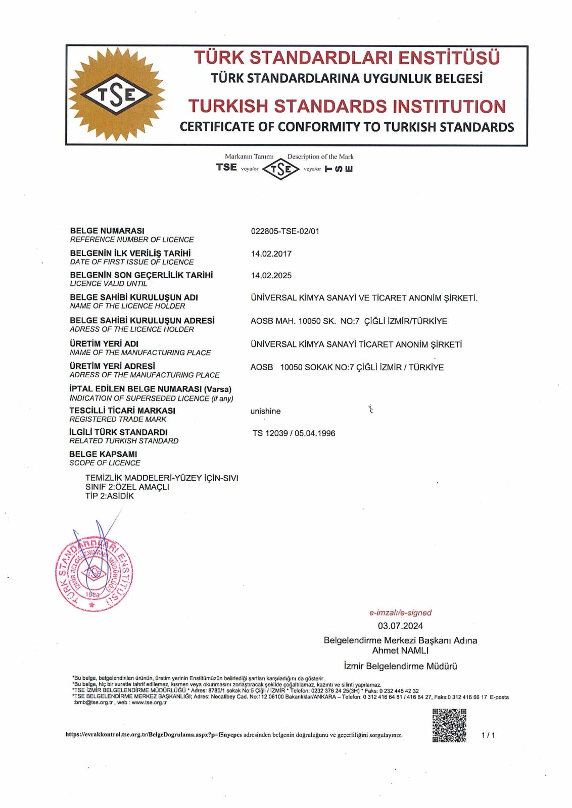 Uni Shine TSE Sertifikası 2025